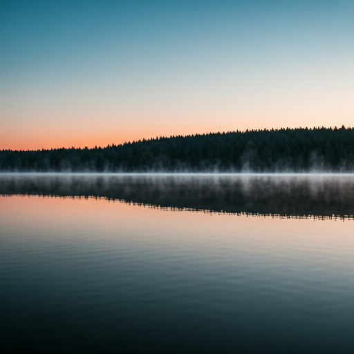 Calm lake at dawn with misty atmosphere