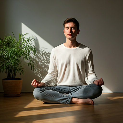 Minimalist person sitting in a sunlit room meditating